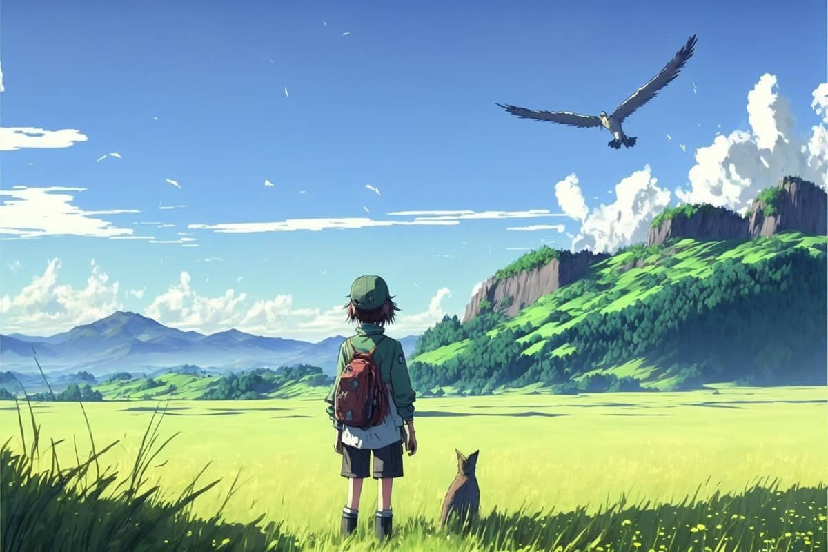 Illustrazione di una persona con zaino in un prato verde che osserva un grande uccello in volo, tonalità naturali e cielo azzurro