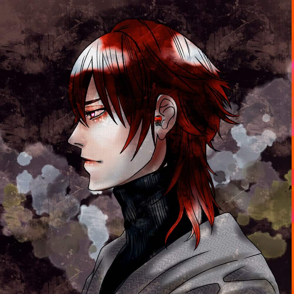 Illustrazione digitale di un personaggio in stile anime con capelli rosso e bianco, sfondo scuro e atmosfera intensa