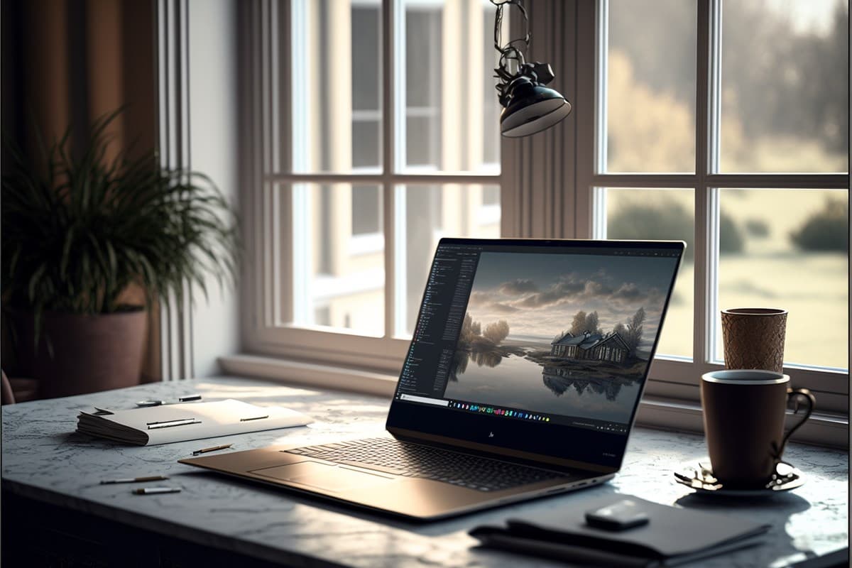 Laptop su una scrivania vicino a una finestra con un'immagine di paesaggio, tazza di caffè, pianta e taccuino, tonalità calde e accoglienti