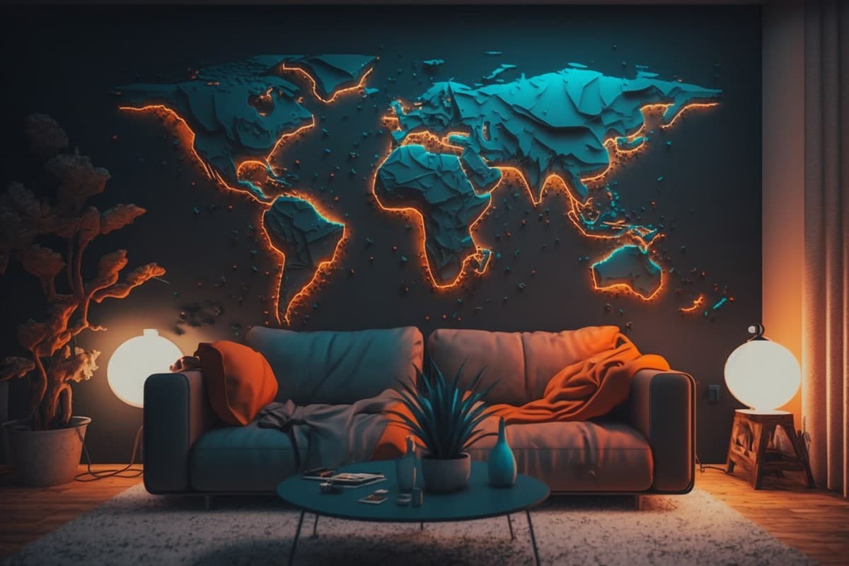 Interno di un soggiorno con divano, piante e una mappa del mondo luminosa e testurizzata sulla parete, tonalità blu petrolio e arancio caldo